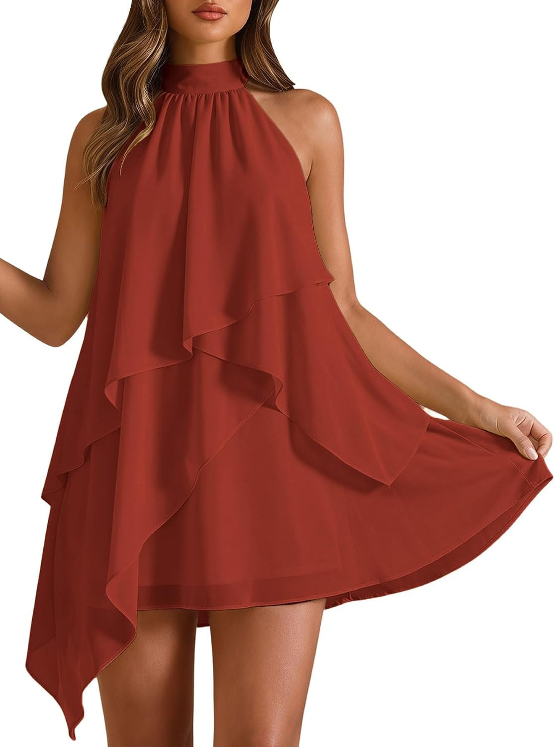 BEAUDRM Women's Chiffon Halter Dress Ruffle Flowy Wedding Guest Dresses | Amazon (US)