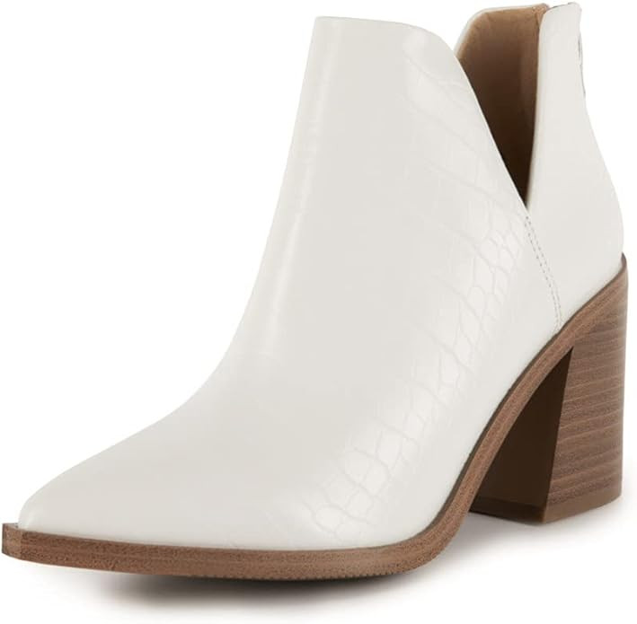 FISACE Womens Pointed Toe Stacked Mid Heel Ankle Boots V Cut Back Zipper Faux Leather Booties | Amazon (US)