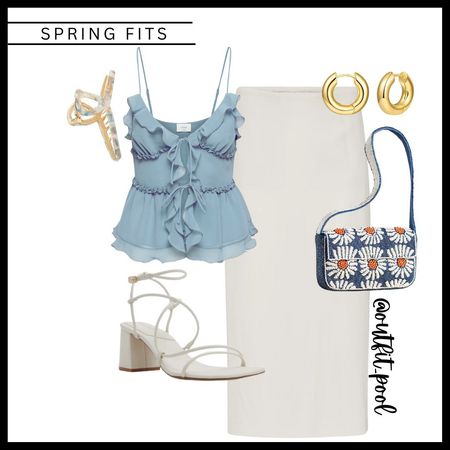 Blue ruffle top, white skirt, floral bag, white strappy sandals, gold hoops, spring outfit, spring fashion 

#LTKfindsunder50 #LTKstyletip #LTKtravel