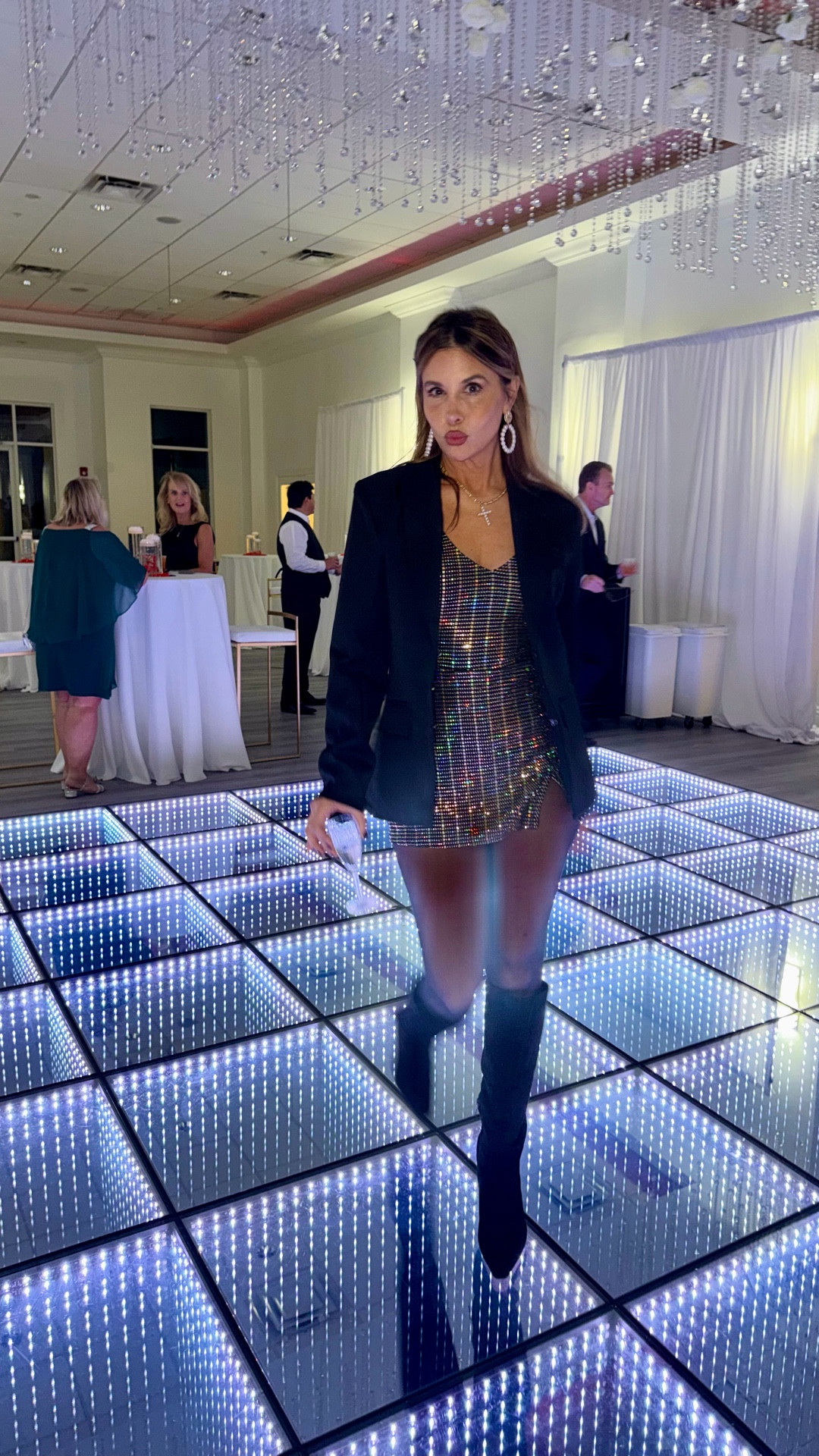 Holiday Party Outfit! Tis the season! The perfect blazer for every holiday look you wanna wear this season. I was in size small it’s true to size the best boots you can dress them up you can dress them down and they will never hurt your feet and I love a romper at a party cause I like to dance this one’s size small and it’s true to size.! 

#LTKootd #LTKHoliday #LTKSeasonal