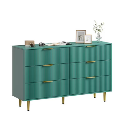Modern Green Fluted Dresser - 6 Drawers Wide Wooden Chest with Metal Handles & Legs - Spacious Storage Organizer for Bedroom - Six Drawers | Target