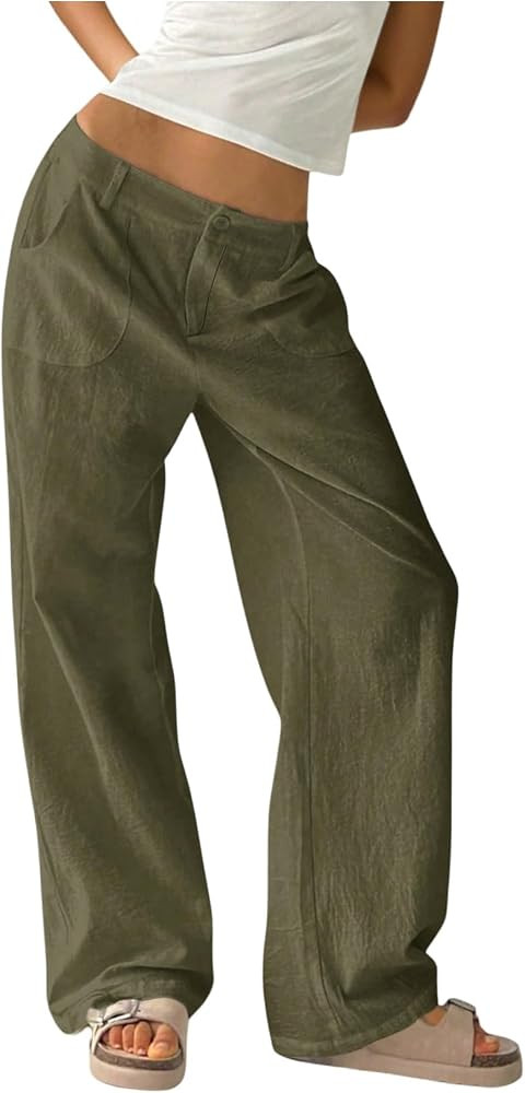Verdusa Women's Ultra Low Waist Straight Leg Pants Casual Loose Trousers with Pockets | Amazon (US)