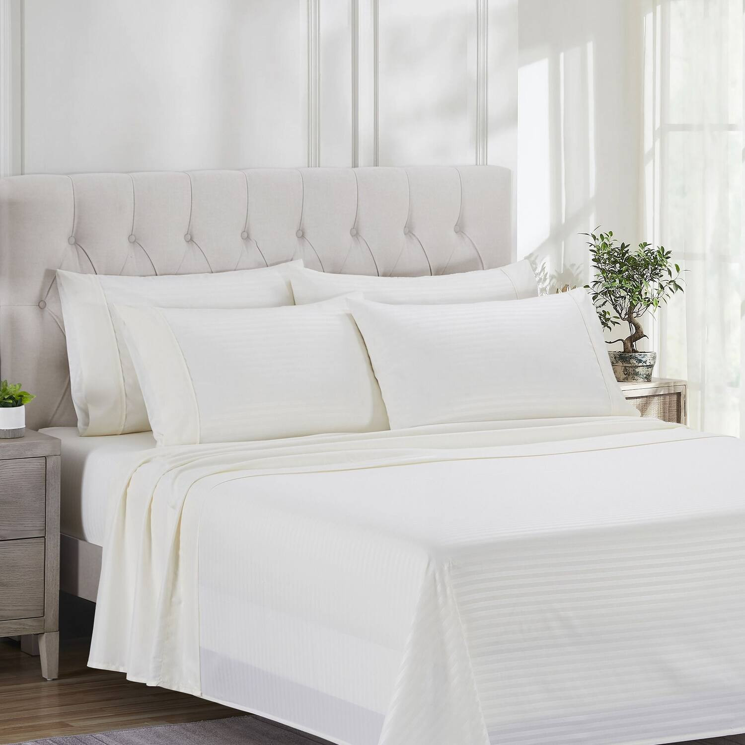 Sweet Home Collection - 4 Piece Embossed Dobby Stripe Sheet Set, Double Brushed Microfiber, Twin - Beige | Best Buy U.S.