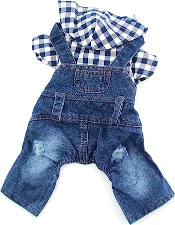 PETCARE Pet Dog Denim Jumpsuit Plaid Hoodies Puppy Overalls Doggy Jeans Jacket Clothes for Small ... | Amazon (US)
