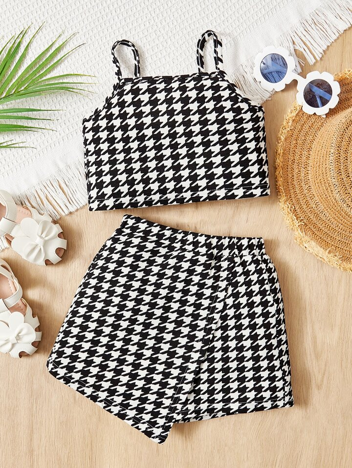 SHEIN Kids EVRYDAY Young Girl Houndstooth Print Cami Top & Asymmetrical Hem Skort | SHEIN