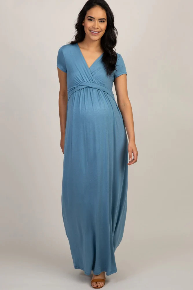 PinkBlush Blue Draped Maternity/Nursing Maxi Dress | PinkBlush Maternity