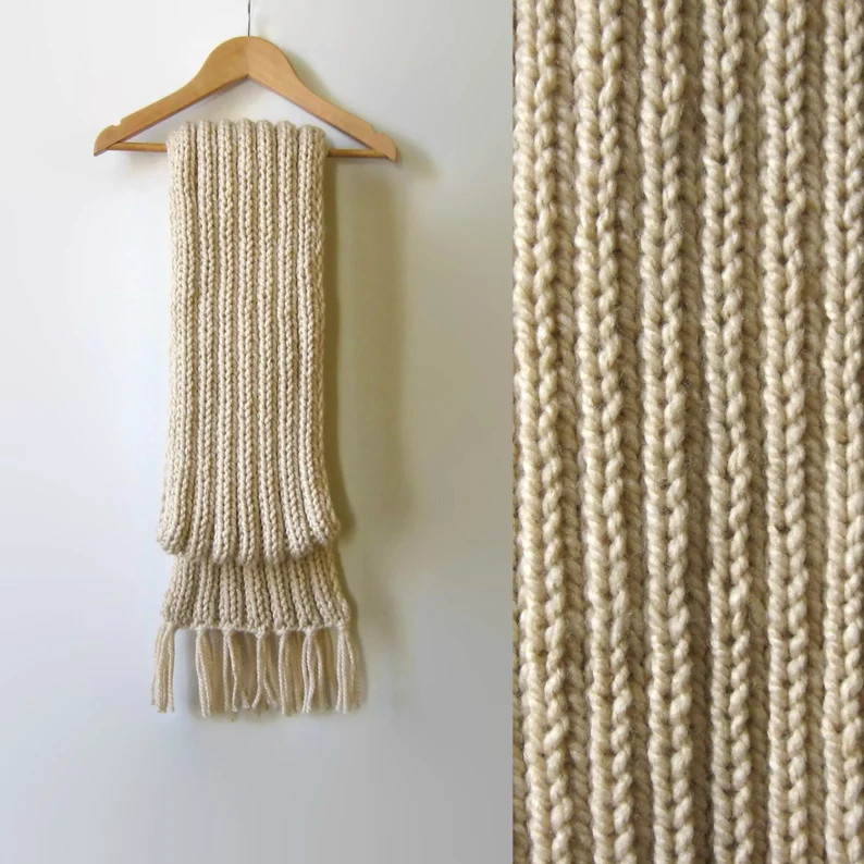 Antique White Scarf Hand Knitted in Soft Wool Blend Ribbed - Etsy | Etsy (US)