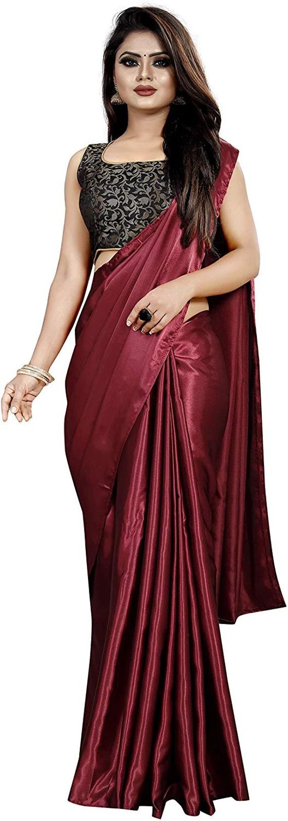 Sari/ Saree Traditional Indian Plain Satin Silk Shiny Glamourous Draped Saree with Brocade Blouse... | Etsy (US)
