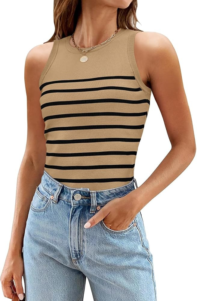 MEROKEETY Women's Ribbed Knit Tank Top 2024 Summer Casual High Neck Striped Sleeveless Shirts | Amazon (US)