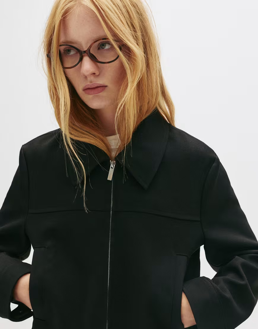 Pull&Bear Tailored fit jacket with zipper in black | ASOS (Global)