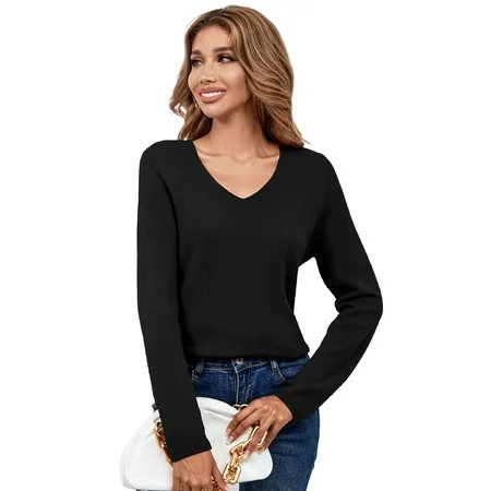 LANPULUX Black V-Neck Sweaters Tops Soft 100 Merino Wool Sweaters for Women Knit Sweaters Long Sleev | Walmart (US)