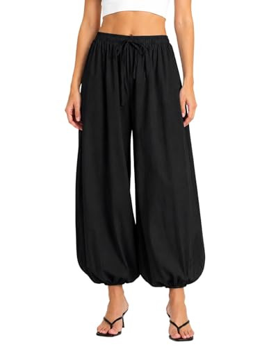 Women Trendy Balloon Pants Elastic Waist Wide Leg Baggy Bubble Harem Pants Casual Loose Pleated B... | Amazon (US)