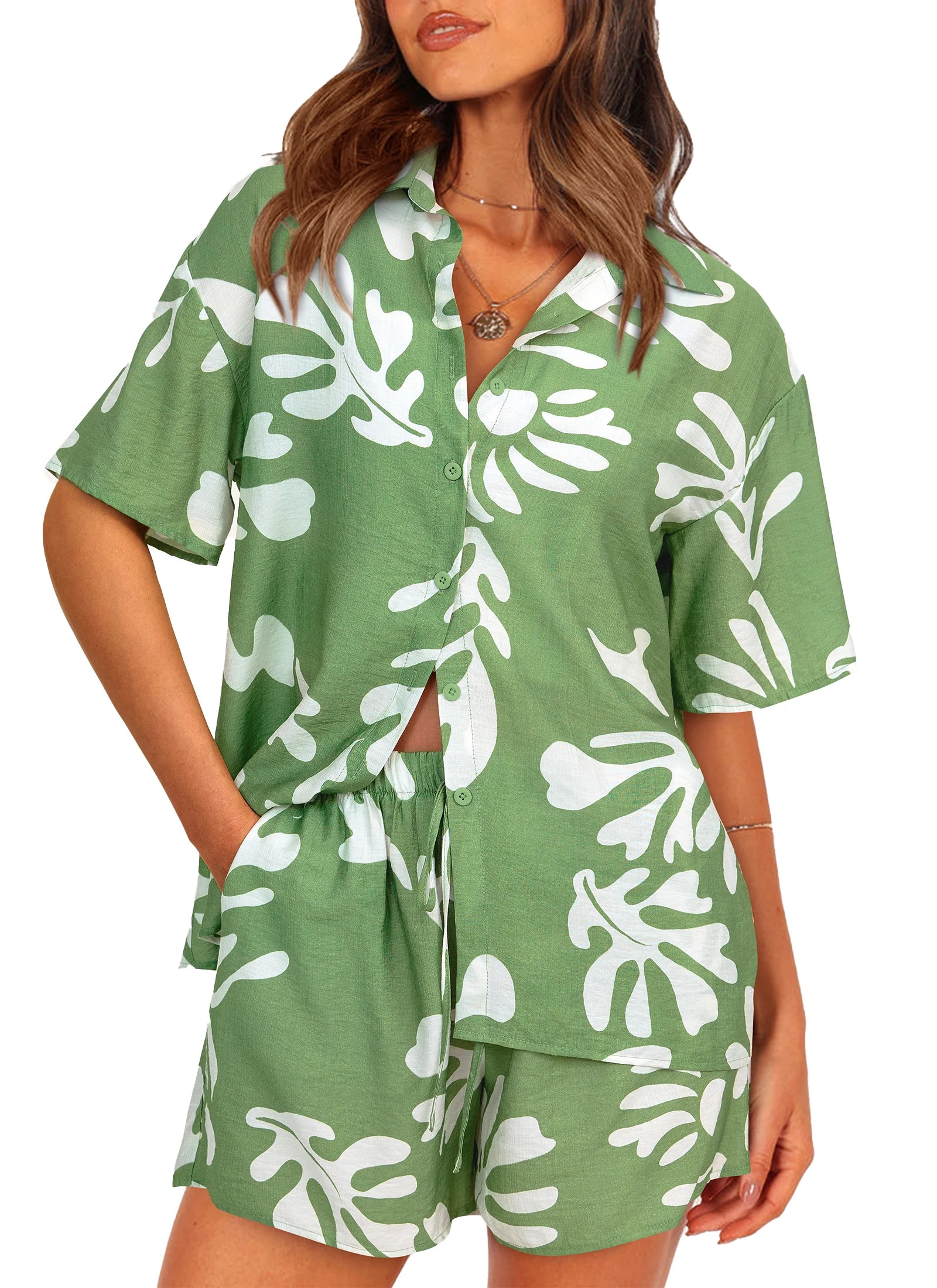 PRETTYGARDEN Women Summer 2 Piece Beach Outfits Printed Short Sleeve Tops Lounge Shorts Casual Tr... | Walmart (US)