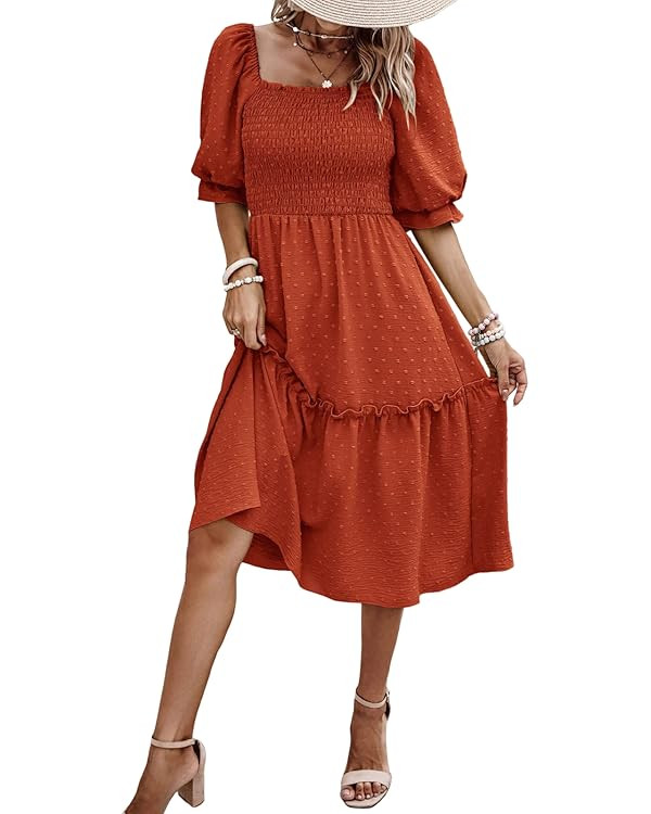 PRETTYGARDEN Women's Summer Casual Midi Dress Spring Puff Sleeve Square Neck A-line Flowy Boho Fl... | Amazon (US)
