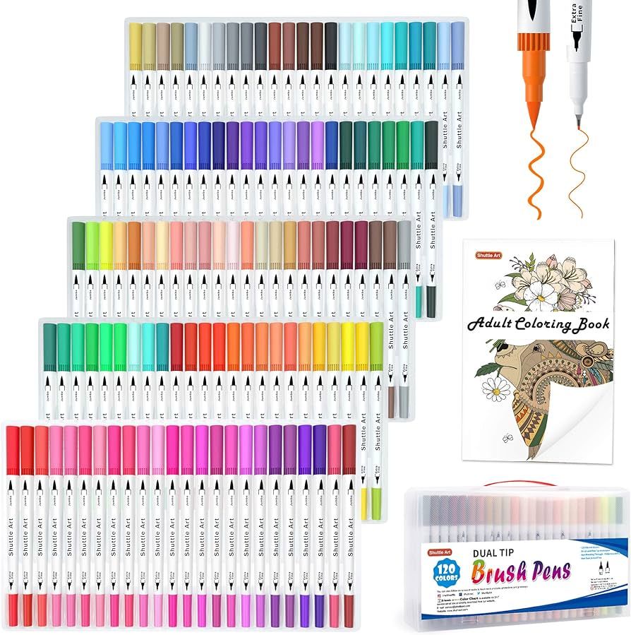 Shuttle Art 120 Colors Dual Tip Brush Art Marker Pens with 1 Coloring Book, Fineliner and Brush D... | Amazon (US)