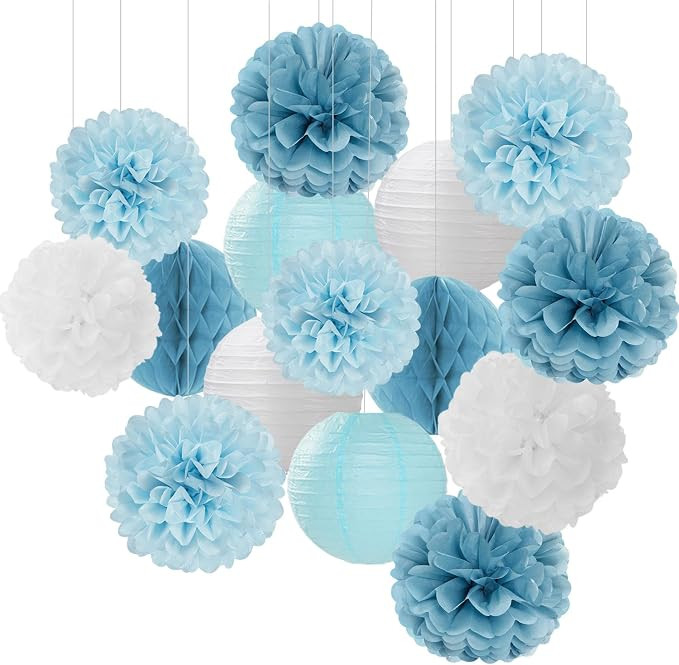 Dusty-Blue White Party-Decorations Paper-Flowers Lanterns - 15pcs Birthday Baby Bridal Shower Tis... | Amazon (US)