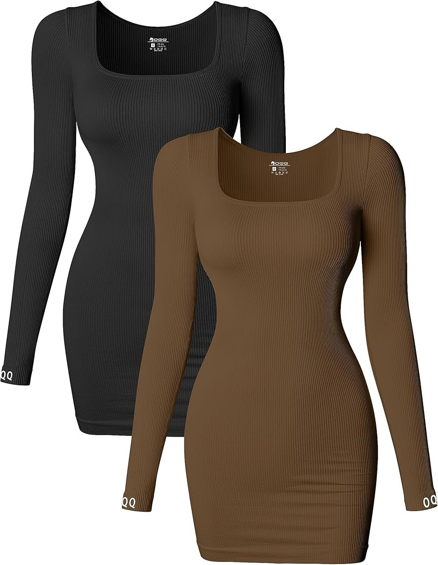OQQ Women's 2 Piece Dresses Sexy Ribbed Long Sleeve Square Neck Tops Mini Dress | Amazon (US)