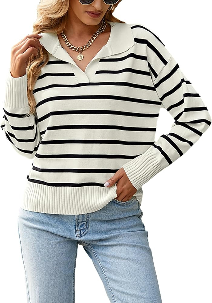 HangNiFang Womens Striped Pullover Sweater Polo V Neck Long Sleeve Knitted Loose Sweater Fall Top... | Amazon (US)