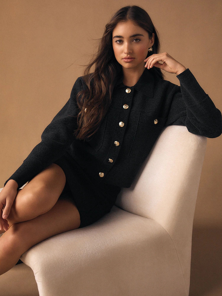 Charcoal Grey Chenille Gold Button Pocket Cardigan Co-Ord | Next EU