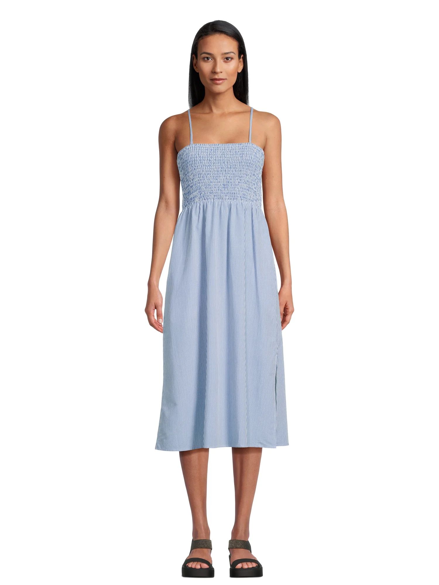 Time and Tru Women's Smocked Bodice Midi Dress with Side Slits, Sizes XS-XXXL | Walmart (US)
