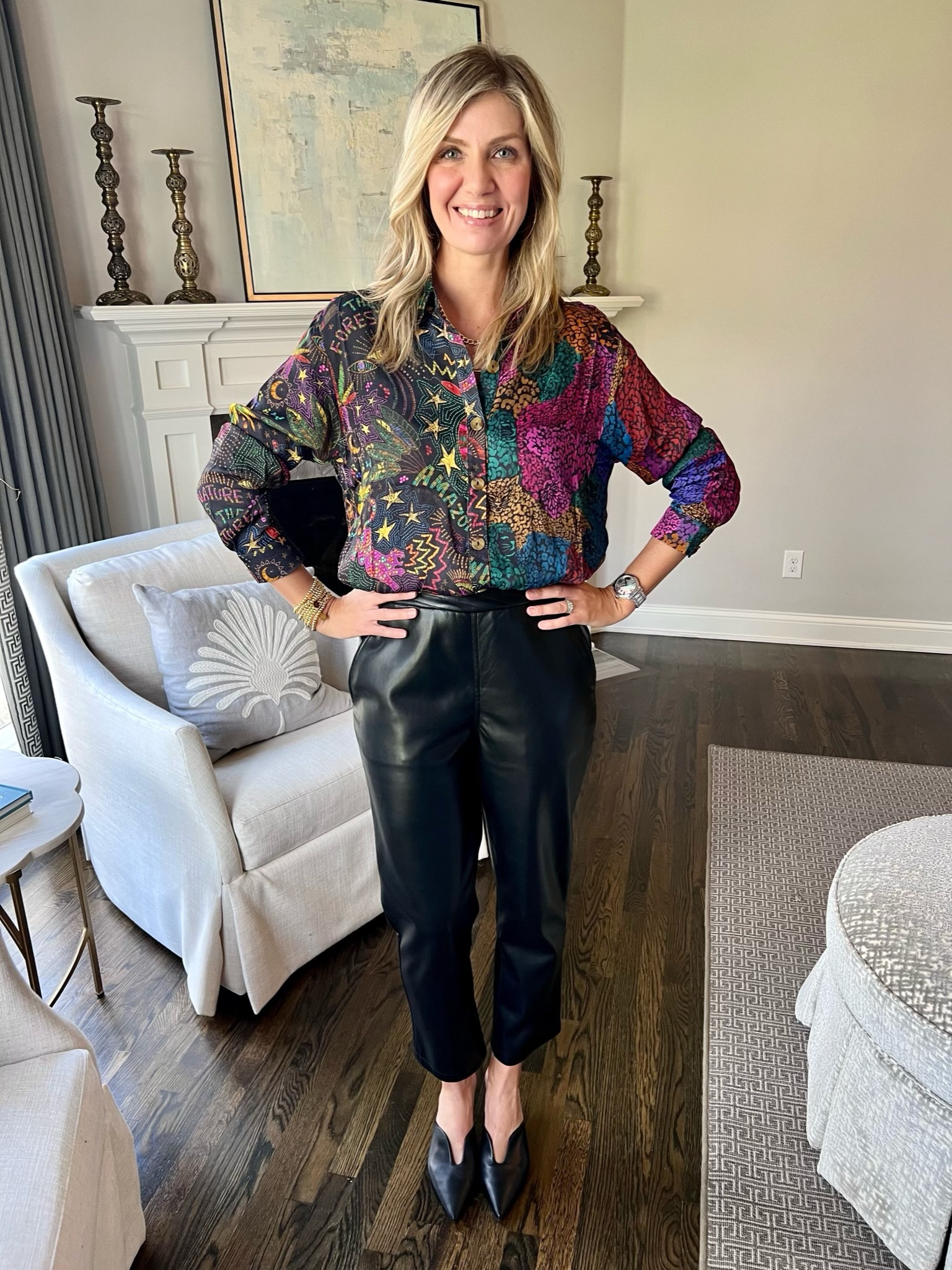 Printed Blouse + Faux Leather Pants + Black Mule

#LTKSeasonal #LTKstyletip #LTKworkwear