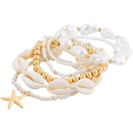 Duslogis Shell Bracelet Seashell Boho Beaded Stretch Bracelets for Women Summer Beach Bracelets Starfish Charm Bracelet Stackable Gold Plated Bracelets Set for Women | Walmart (US)