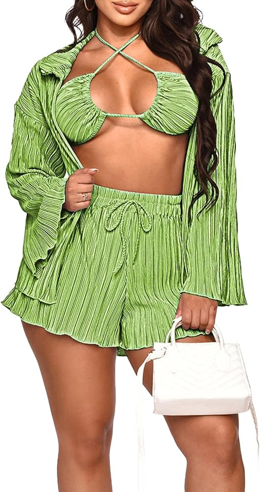 QZOOK 3 Piece Outfit for Women Summer Casual Loose Tracksuit Sexy Romper Pleated Cardigan and Bra Sw | Amazon (US)