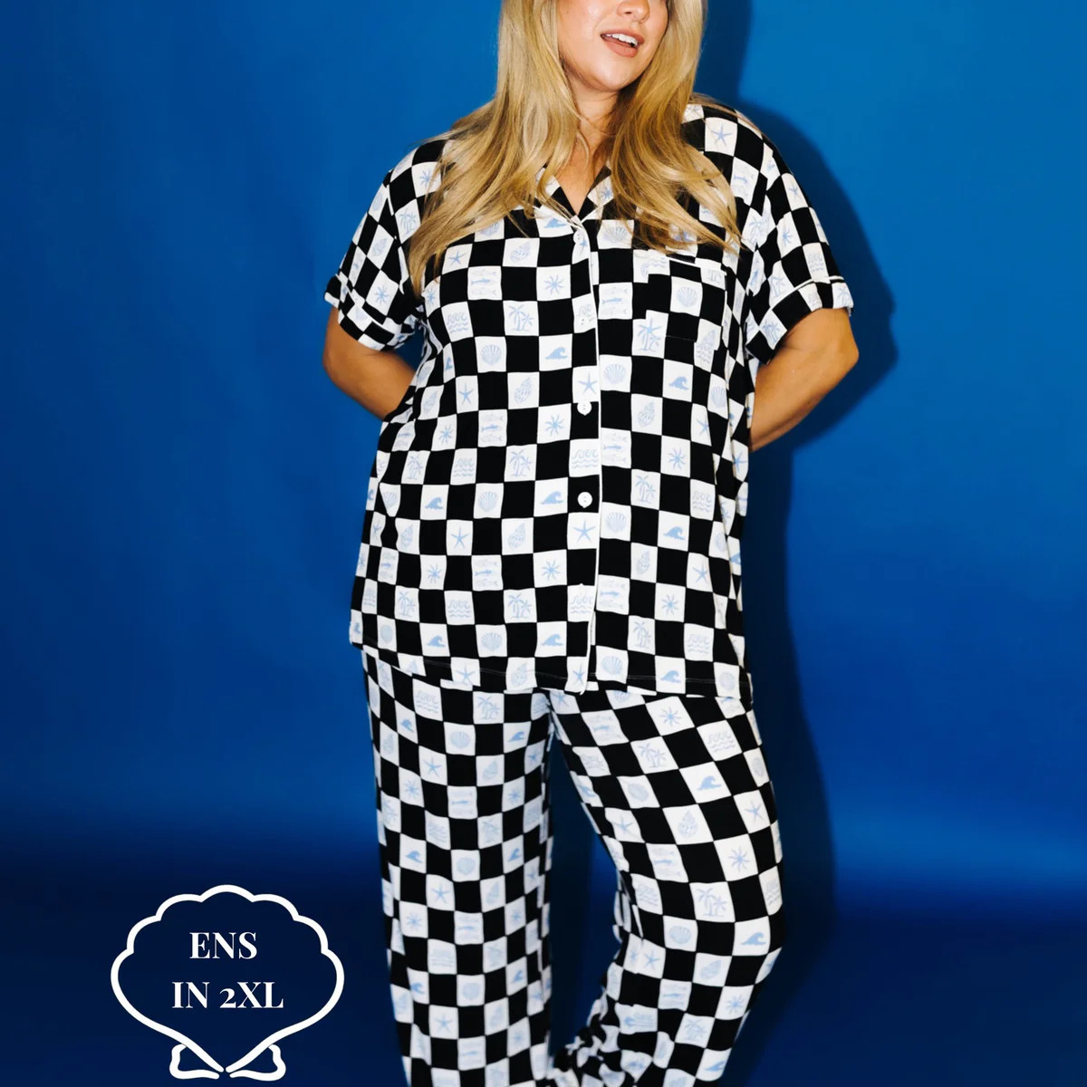 Adult Short Sleeve & Pants Coastal Check Ribbed PJ Set With Pockets | Staykation