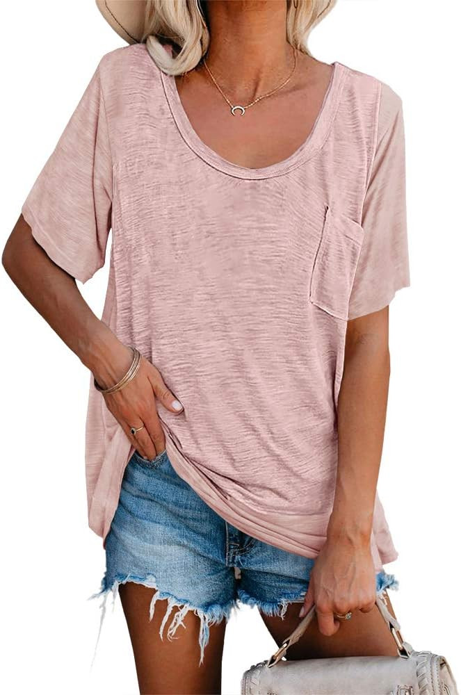 Womens Tunic T Shirts Short Sleeve Round Neck Soft Loose Shirts Summer Casual Tops with Pocket | Amazon (US)