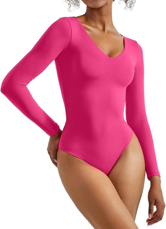 SUUKSESS Women V Neck Long Sleeve Bodysuit Sexy Thong Bodysuit Shirts | Amazon (US)
