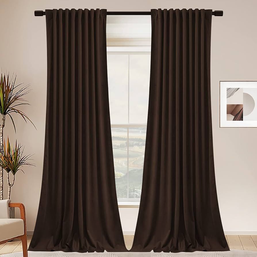 SNITIE Brown 96 in Long Velvet Curtains with Back Tab and Rod Pocket Thermal Insulated Soft Priva... | Amazon (US)