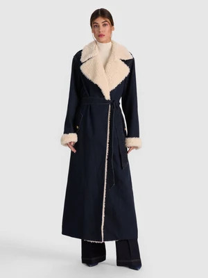 Nevada Faux Shearling Denim Trench Coat - Dark Rinse/Chino | Alice + Olivia