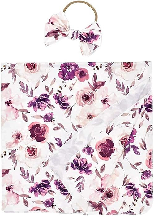Baby Swaddle Blanket Newborn Girl Swaddle and Headband Set Purple Flowers Floral Print Wrap Showe... | Amazon (US)