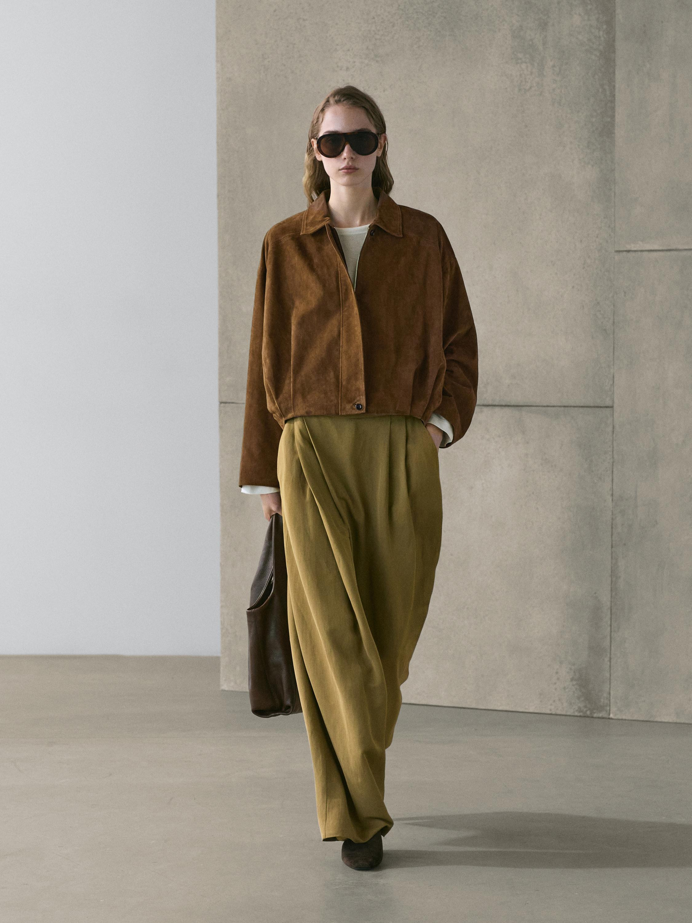 Short suede leather bomber jacket | Massimo Dutti US