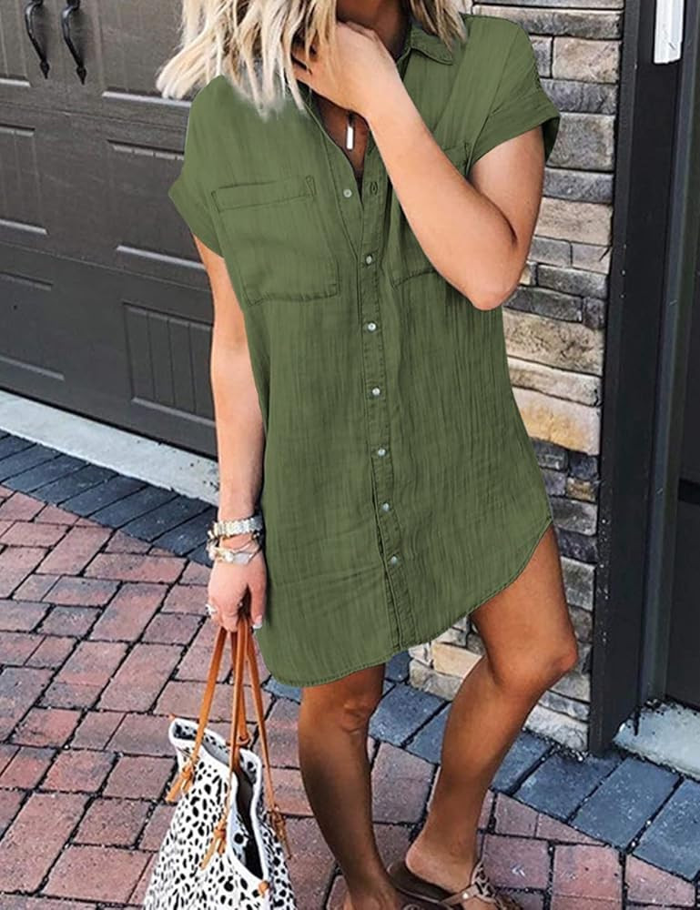 Zilcremo Women Denim Shirt Dresses Short Sleeve Distressed Jean Dress Button Down Casual Tunic Top | Amazon (US)