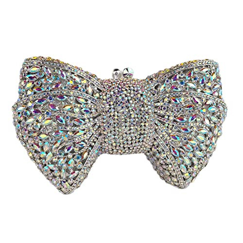 HUANG ZHUANG Bowknot Luxury Crystal Clutch Women Glitter Rhinestone Evening Bag for Party Wedding(Silver) | Amazon (US)