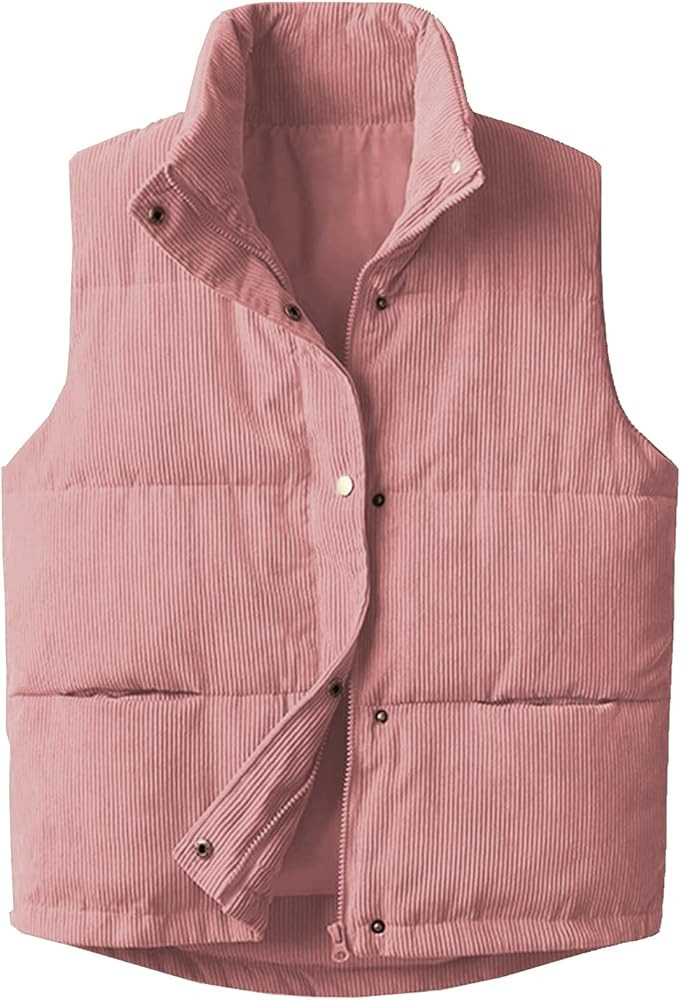 Womens Corduroy Puffer Vest Stand Collar Zip Snap Button Sleeveless Warm Waistcoat Padded Gilet | Amazon (US)