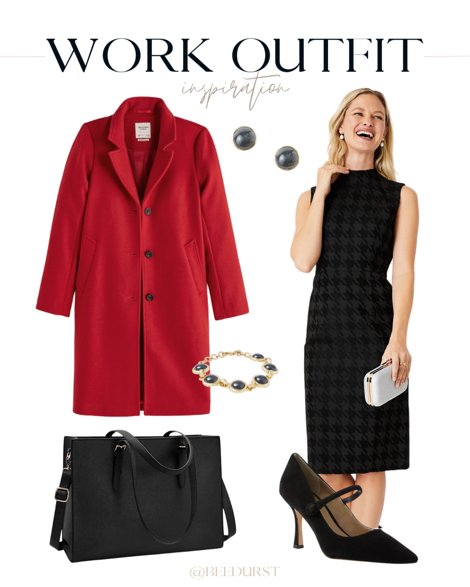 Work outfit idea, winter workwear, houndstooth dress, work dress, wool coat, work heels, work tote bag, laptop bag, work outfit, workwear, office outfit idea 

#LTKshoecrush #LTKworkwear #LTKSeasonal