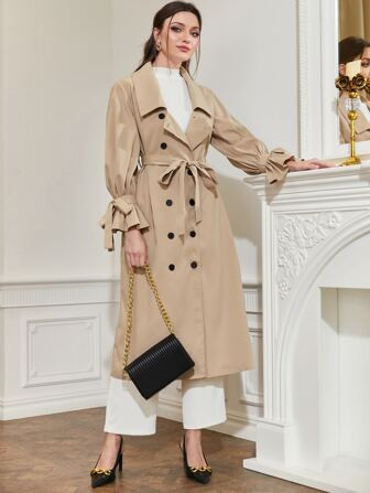 SHEIN Modely Knot Side Flounce Sleeve Double Breasted Belted Trench Coat | SHEIN
