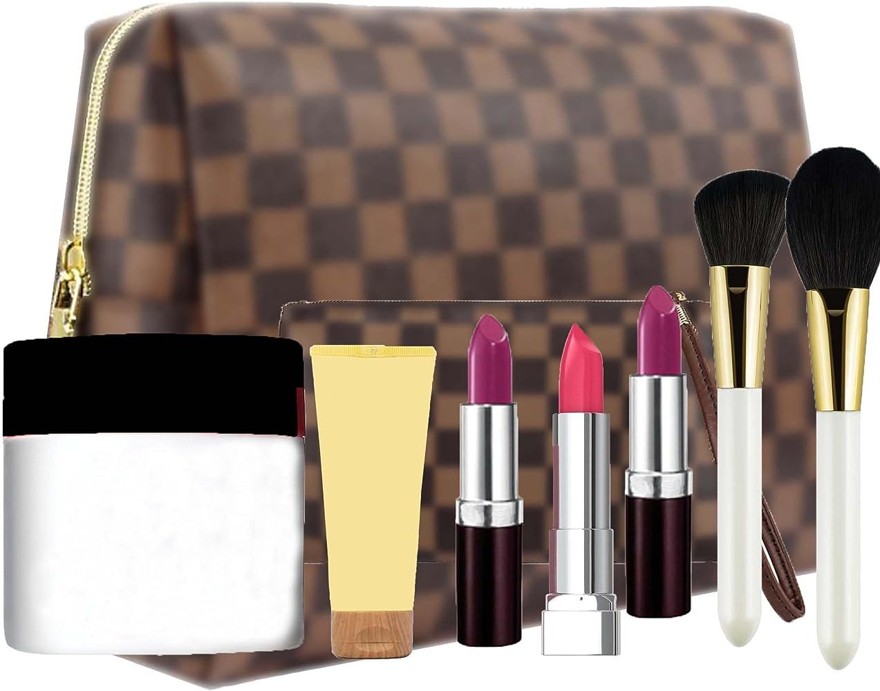 BAGCRAZY Checkered Makeup Bag, Portabel Leather Large Cosmetic Bag, 2 Pack Large Capacity Travel ... | Amazon (US)