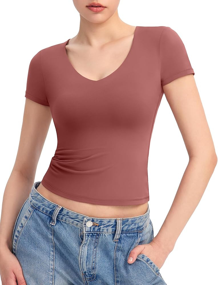 PUMIEY Women's V Neck Short Sleeve T Shirts Slim Fit Going Out Tops Sexy Basic Tee Sharp Collecti... | Amazon (US)