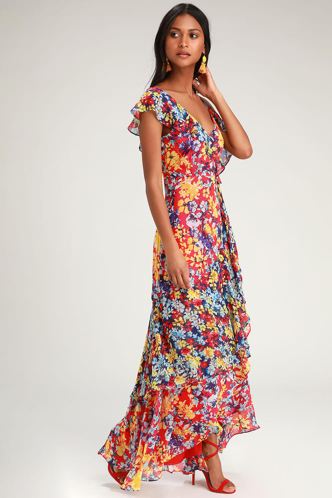 Radiant Ruby Red Floral Print Chiffon Maxi Dress | Lulus