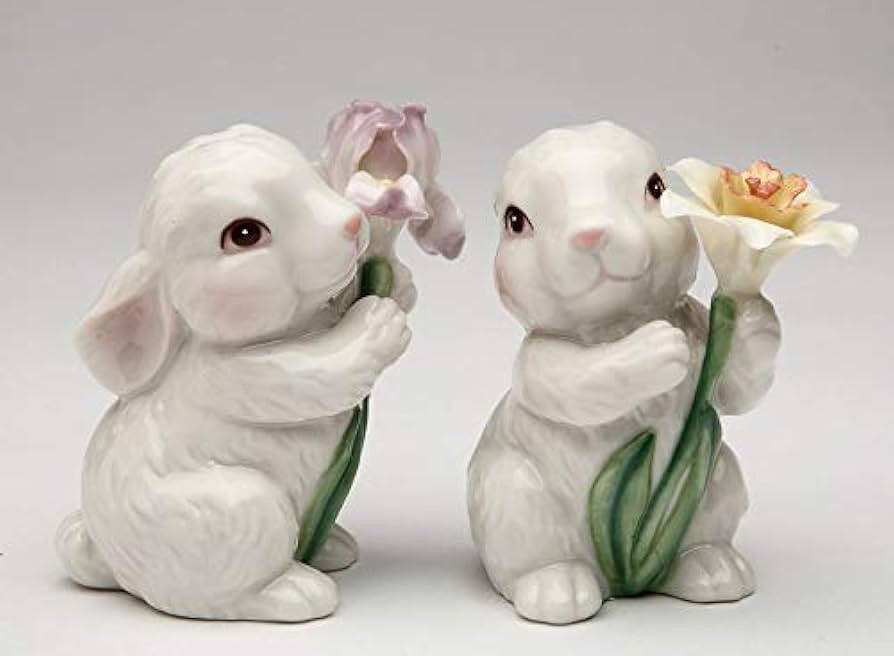 Fine Porcelain Spring White Bunny Rabbit Holding Iris and Daffodil Flower Salt & Pepper Shakers S... | Amazon (US)