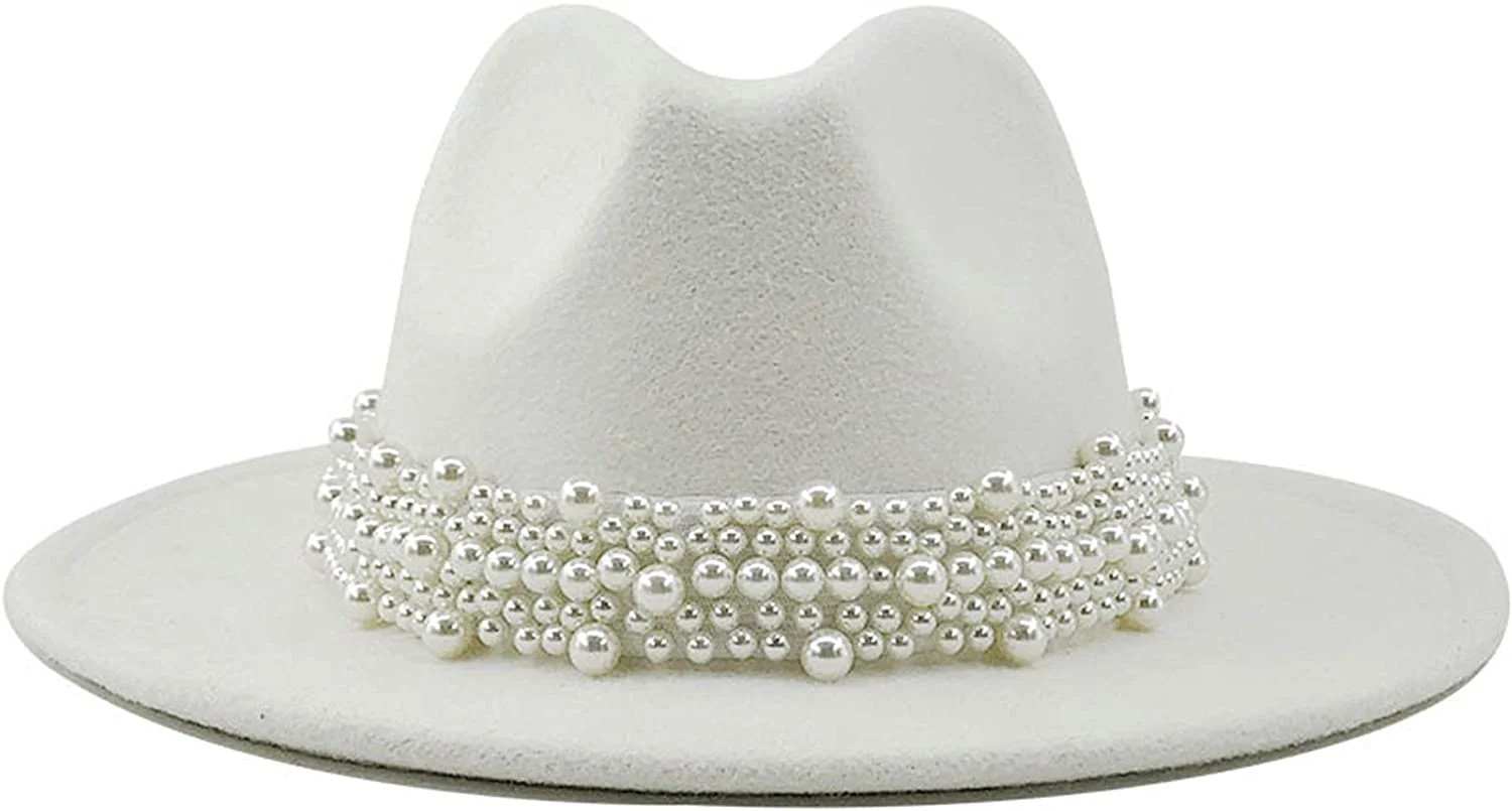 esafio Women's Vintage Pearl Band Fedora Hat Trendy Wide Brim Trilby Panama Hat,White - Walmart.c... | Walmart (US)