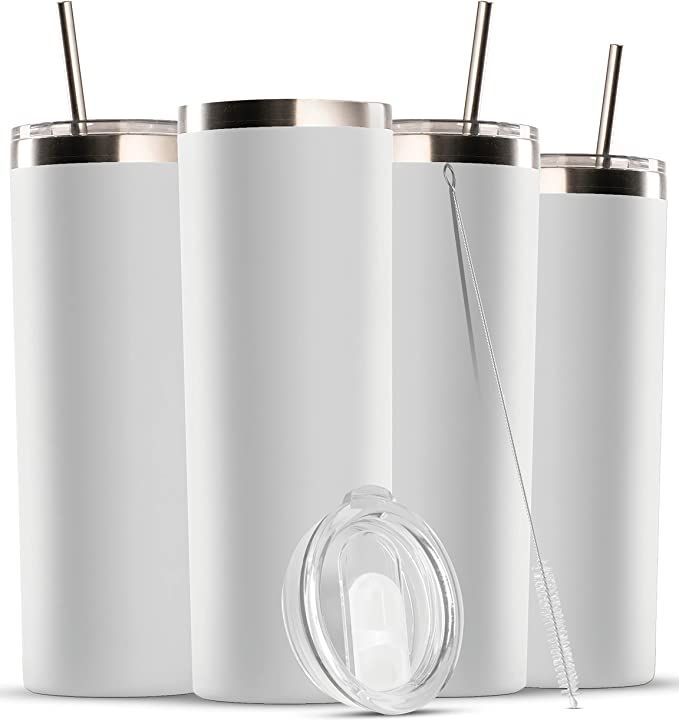 Insulated Skinny Stainless Steel Tumbler Set - 4-Pack 20oz Coffee Tumbler with Straw - Travel Cof... | Amazon (US)