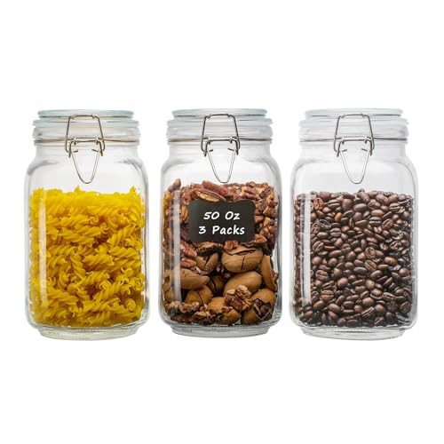 LOOIOOJ 50oz Square Glass Food Storage Jars with Airtight Clamp Lids, 3 Pack Large Kitchen Canisters for Flour, Cereal, Coffee, Pasta and Canning, Mason Jar (Clear 50oz Square - 3 sets) | Amazon (US)