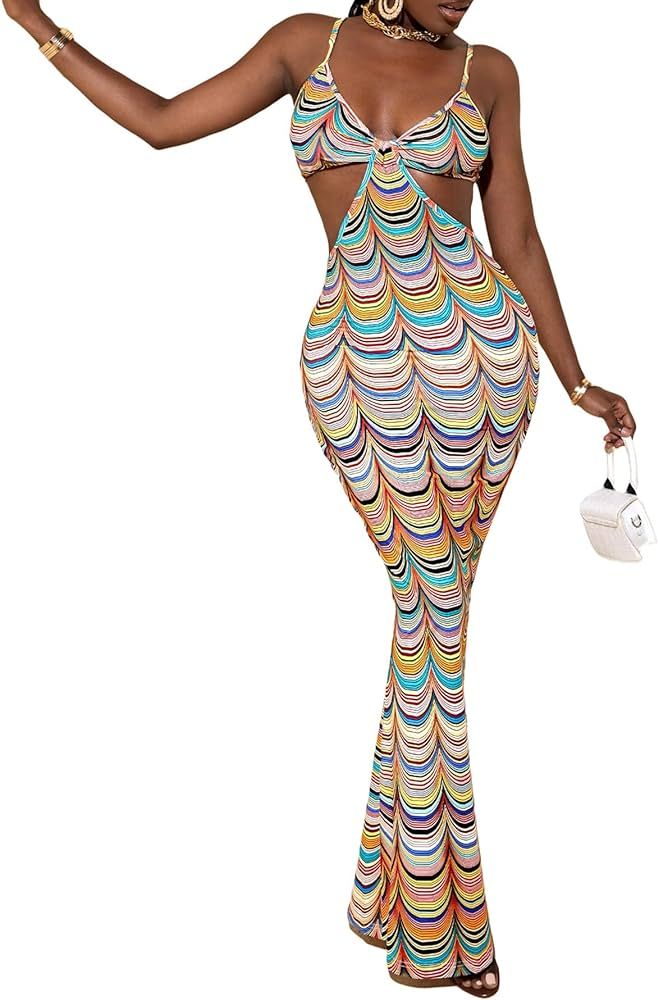 WDIRARA Women's Graphic Print Cut Out Waist Spaghetti Strap Sleeveless Cami Maxi Dress | Amazon (US)