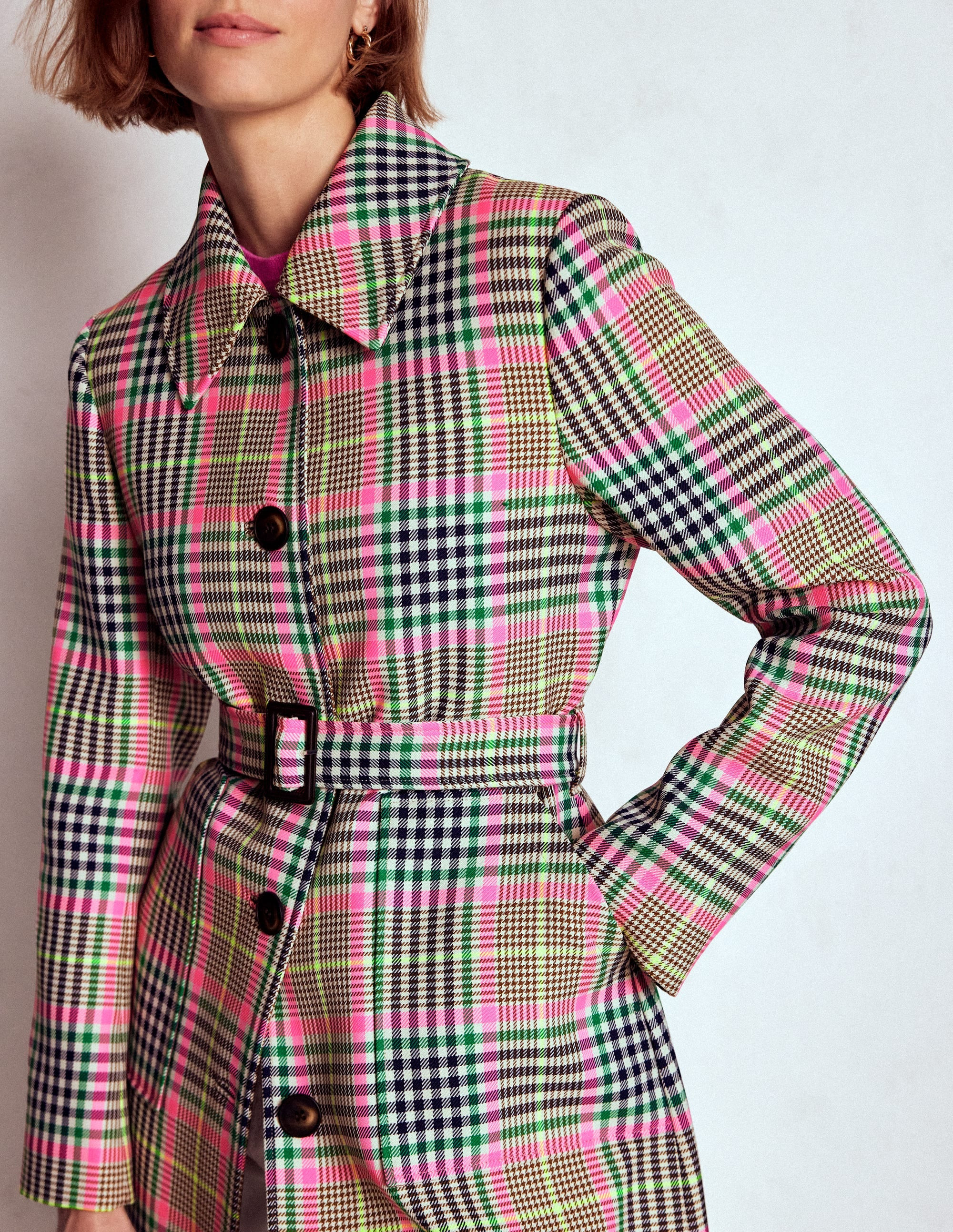 Lancaster Belted Mac-Brown, Neon Pink Check | Boden (US)