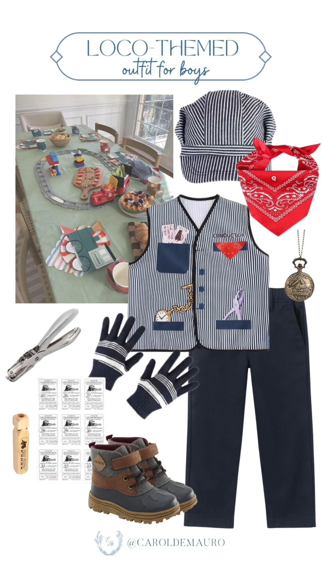 locomotor, boys' outfit, birthday party look, kids' clothes, toddler fashion, train inspired, boys vest, newspaper cap for kids, boots for boys, vintage hand clock,  kids gloves

#LTKootd #LTKKids