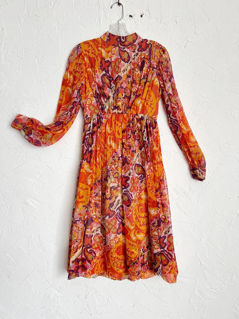 Vintage 60s Malcolm Starr Floral Dress - Psychedelic Mod Pleated Long Sleeve | Etsy (Global)